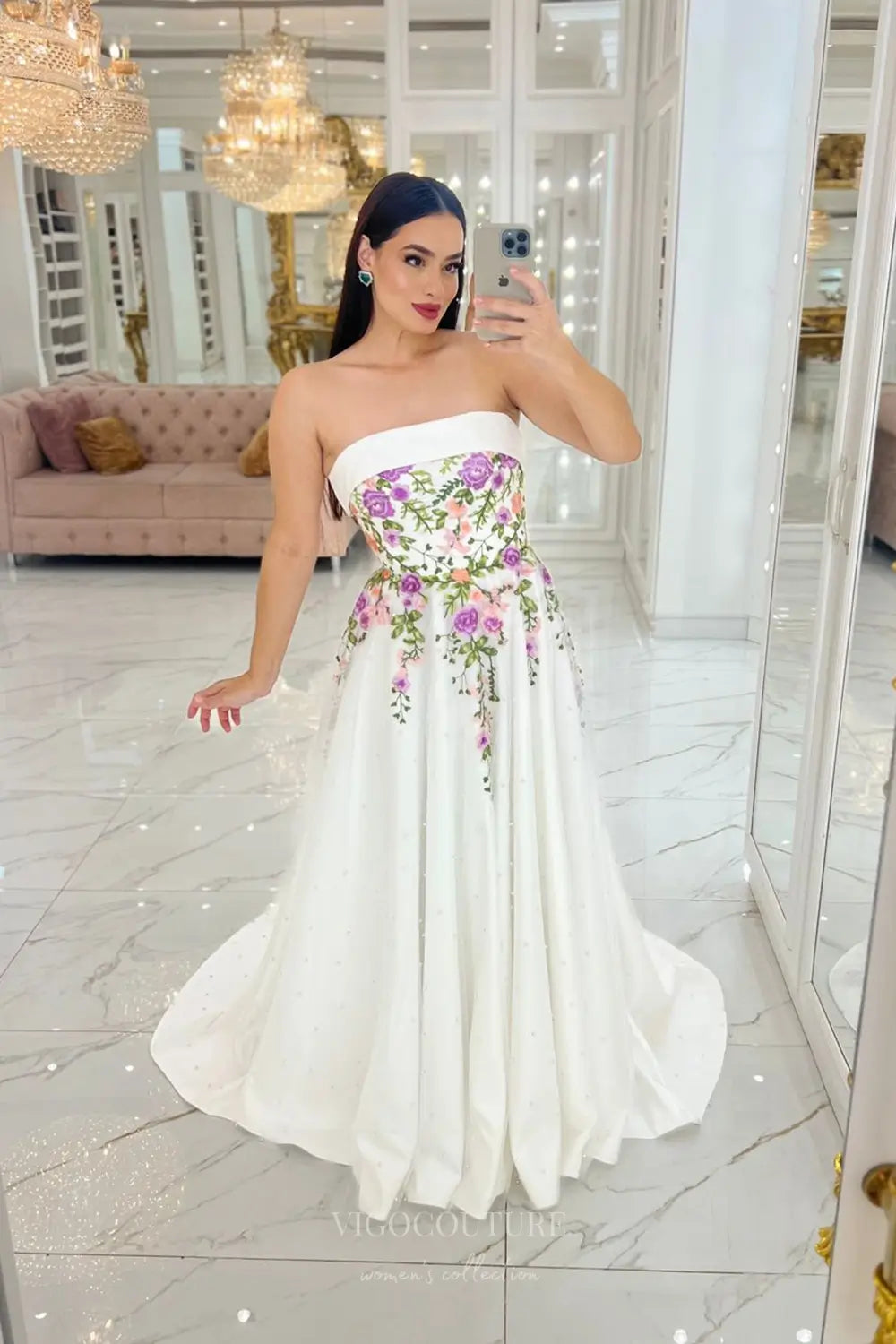 Wedding Dresses 2025 to impress Enchanting Floral Embroidered Strapless Wedding Dress with Pearl Tulle Skirt & Removable Puff Sleeves – W2632-vigocouture-vigocouture