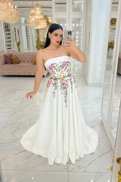 Wedding Dresses 2025 to impress Enchanting Floral Embroidered Strapless Wedding Dress with Pearl Tulle Skirt & Removable Puff Sleeves – W2632-vigocouture-vigocouture