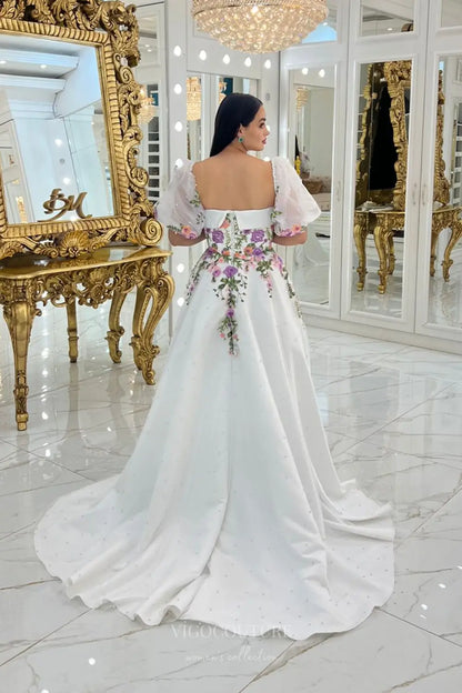 Wedding Dresses 2025 to impress Enchanting Floral Embroidered Strapless Wedding Dress with Pearl Tulle Skirt & Removable Puff Sleeves – W2632-vigocouture-vigocouture