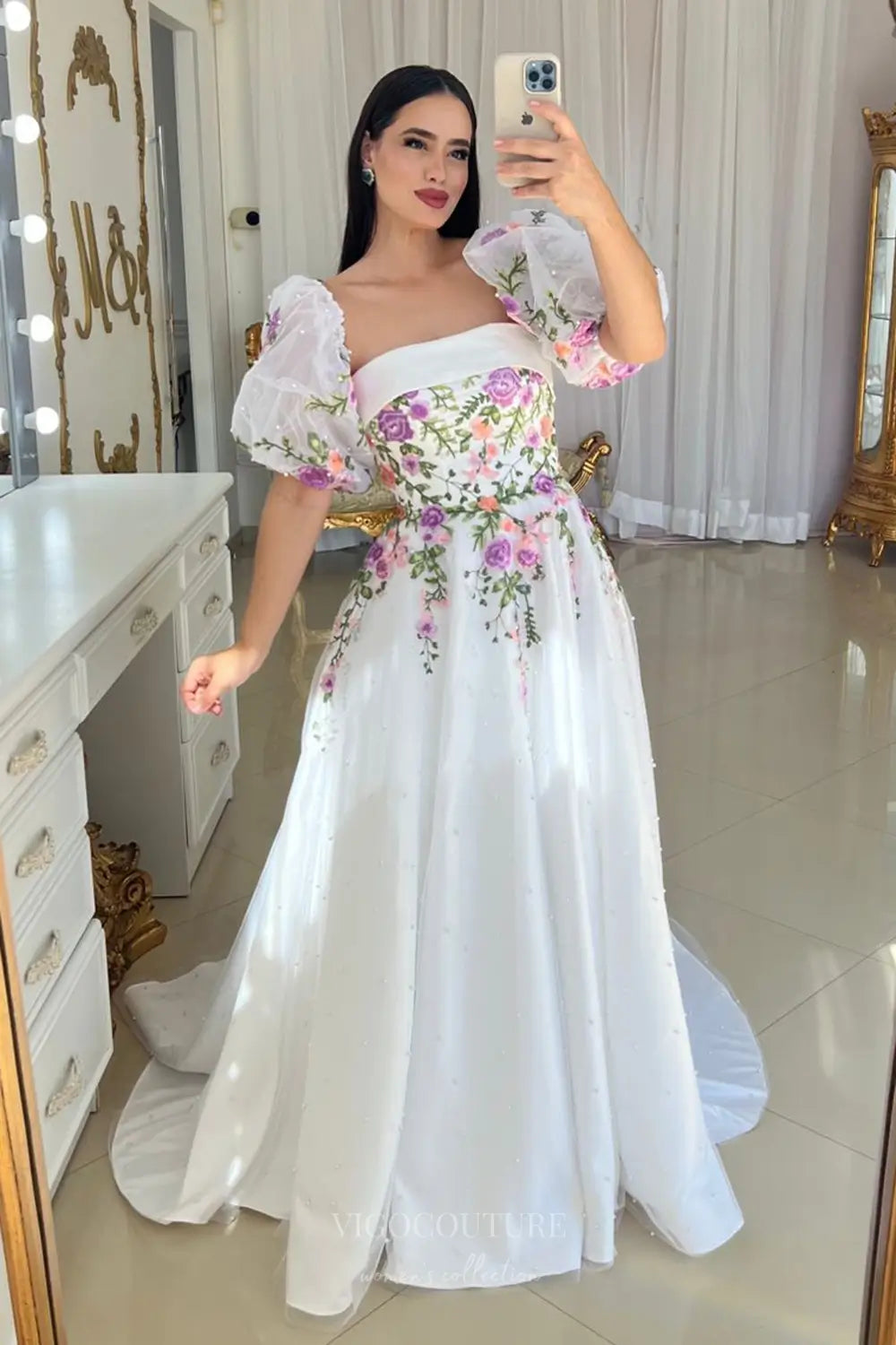 Wedding Dresses 2025 to impress Enchanting Floral Embroidered Strapless Wedding Dress with Pearl Tulle Skirt & Removable Puff Sleeves – W2632-vigocouture-vigocouture