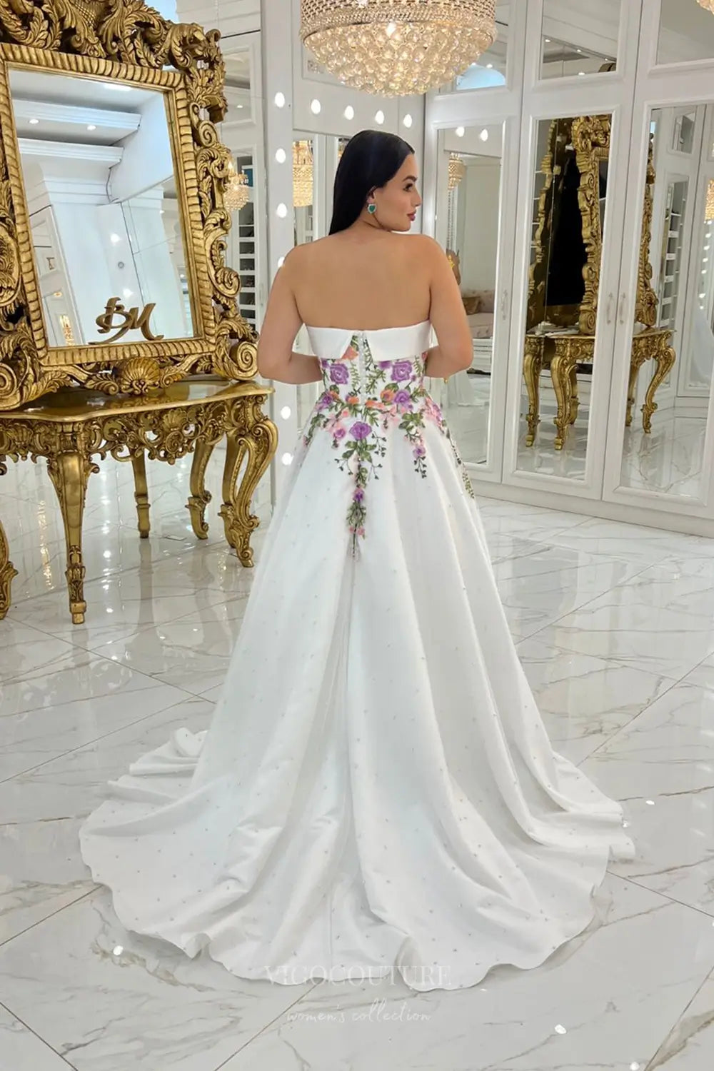 Wedding Dresses 2025 to impress Enchanting Floral Embroidered Strapless Wedding Dress with Pearl Tulle Skirt & Removable Puff Sleeves – W2632-vigocouture-vigocouture