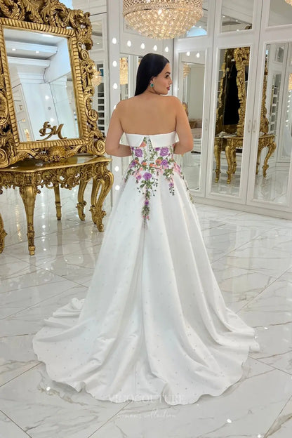 Wedding Dresses 2025 to impress Enchanting Floral Embroidered Strapless Wedding Dress with Pearl Tulle Skirt & Removable Puff Sleeves – W2632-vigocouture-vigocouture