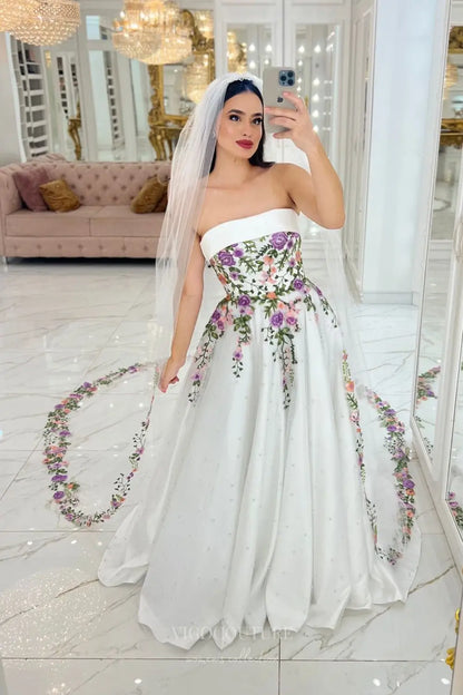 Wedding Dresses 2025 to impress Enchanting Floral Embroidered Strapless Wedding Dress with Pearl Tulle Skirt & Removable Puff Sleeves – W2632-vigocouture-vigocouture