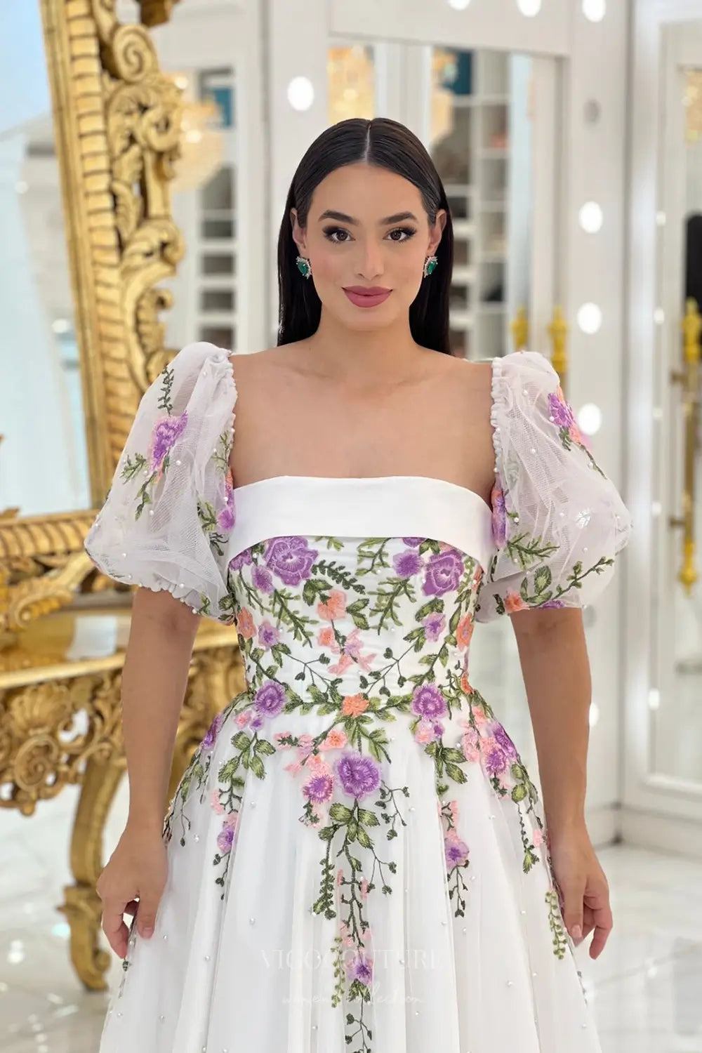 Wedding Dresses 2025 to impress Enchanting Floral Embroidered Strapless Wedding Dress with Pearl Tulle Skirt & Removable Puff Sleeves – W2632-vigocouture-vigocouture