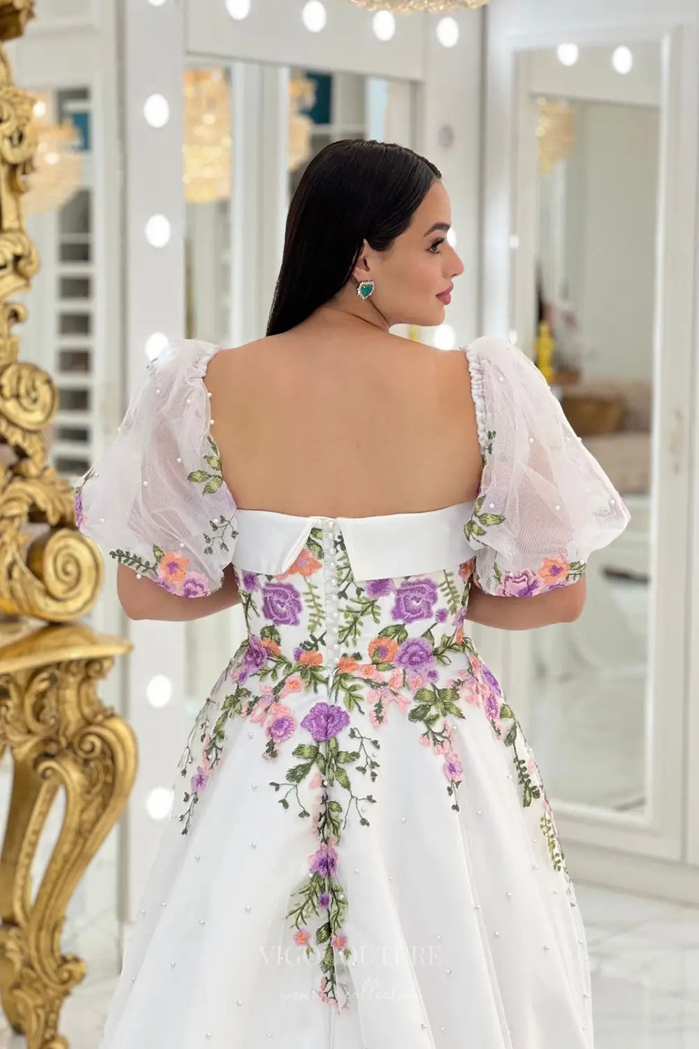 Wedding Dresses 2025 to impress Enchanting Floral Embroidered Strapless Wedding Dress with Pearl Tulle Skirt & Removable Puff Sleeves – W2632-vigocouture-vigocouture