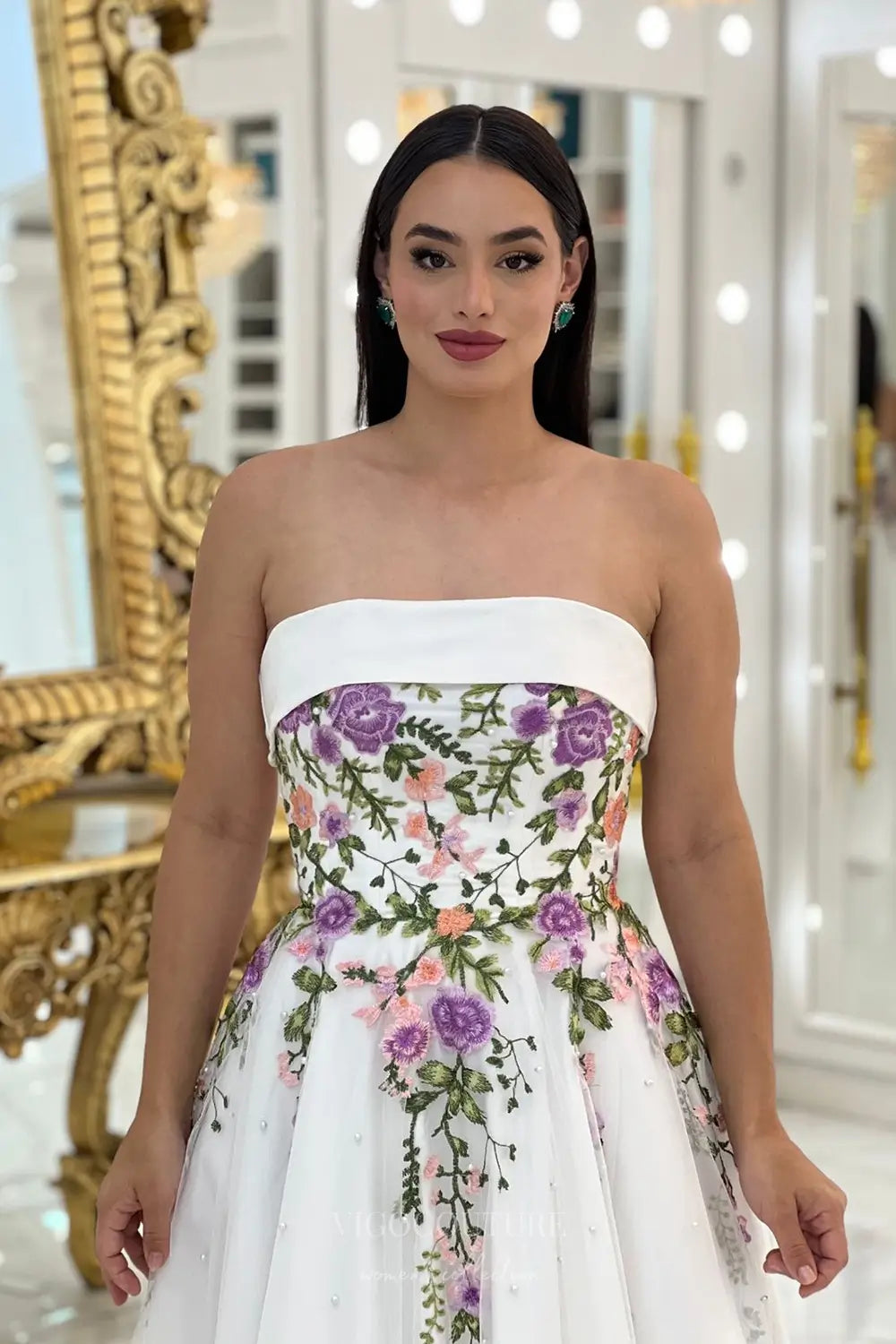 Wedding Dresses 2025 to impress Enchanting Floral Embroidered Strapless Wedding Dress with Pearl Tulle Skirt & Removable Puff Sleeves – W2632-vigocouture-vigocouture