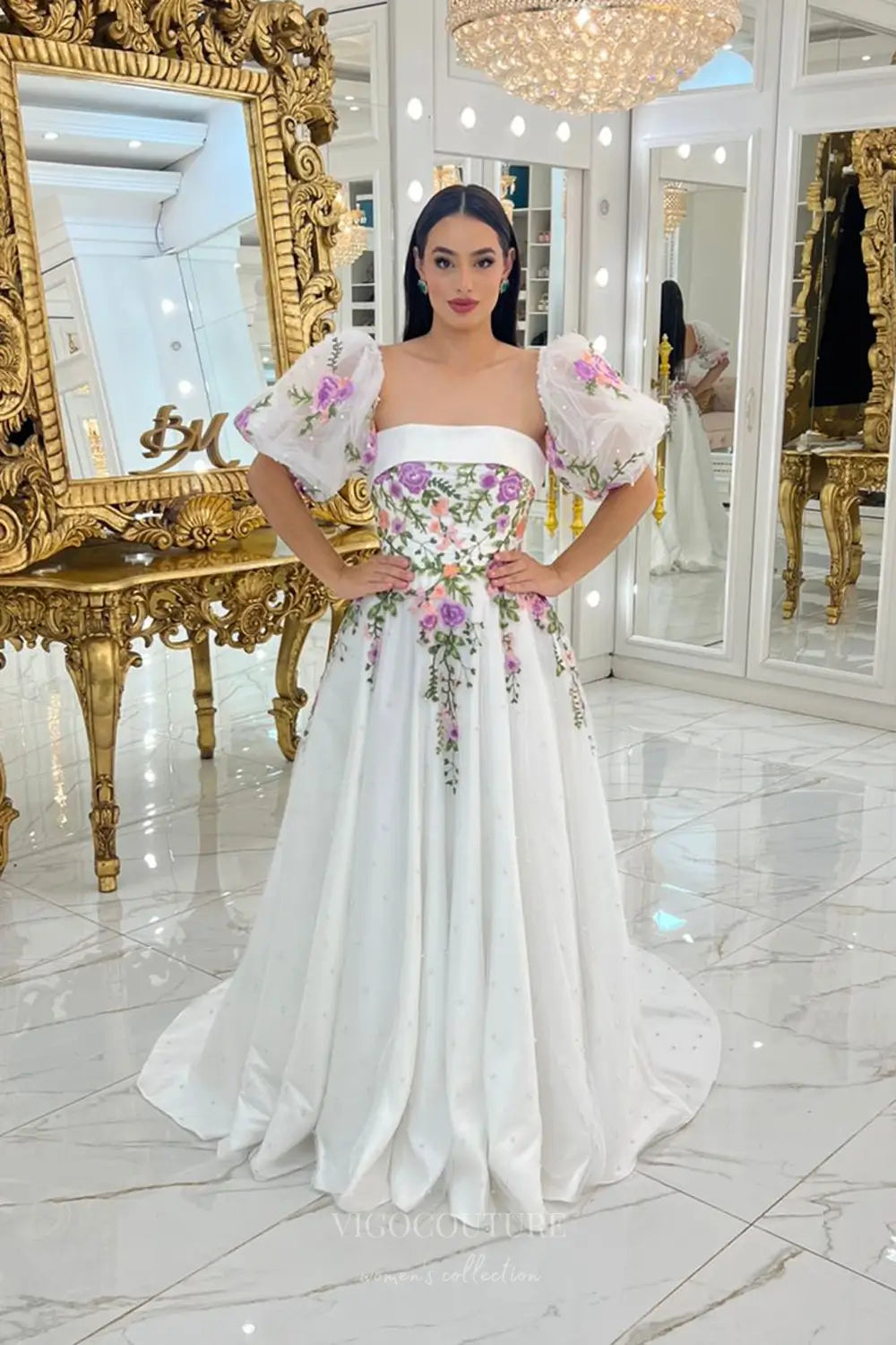 Enchanting Floral Embroidered Strapless Wedding Dress with Pearl Tulle Skirt & Removable Puff Sleeves – W2632