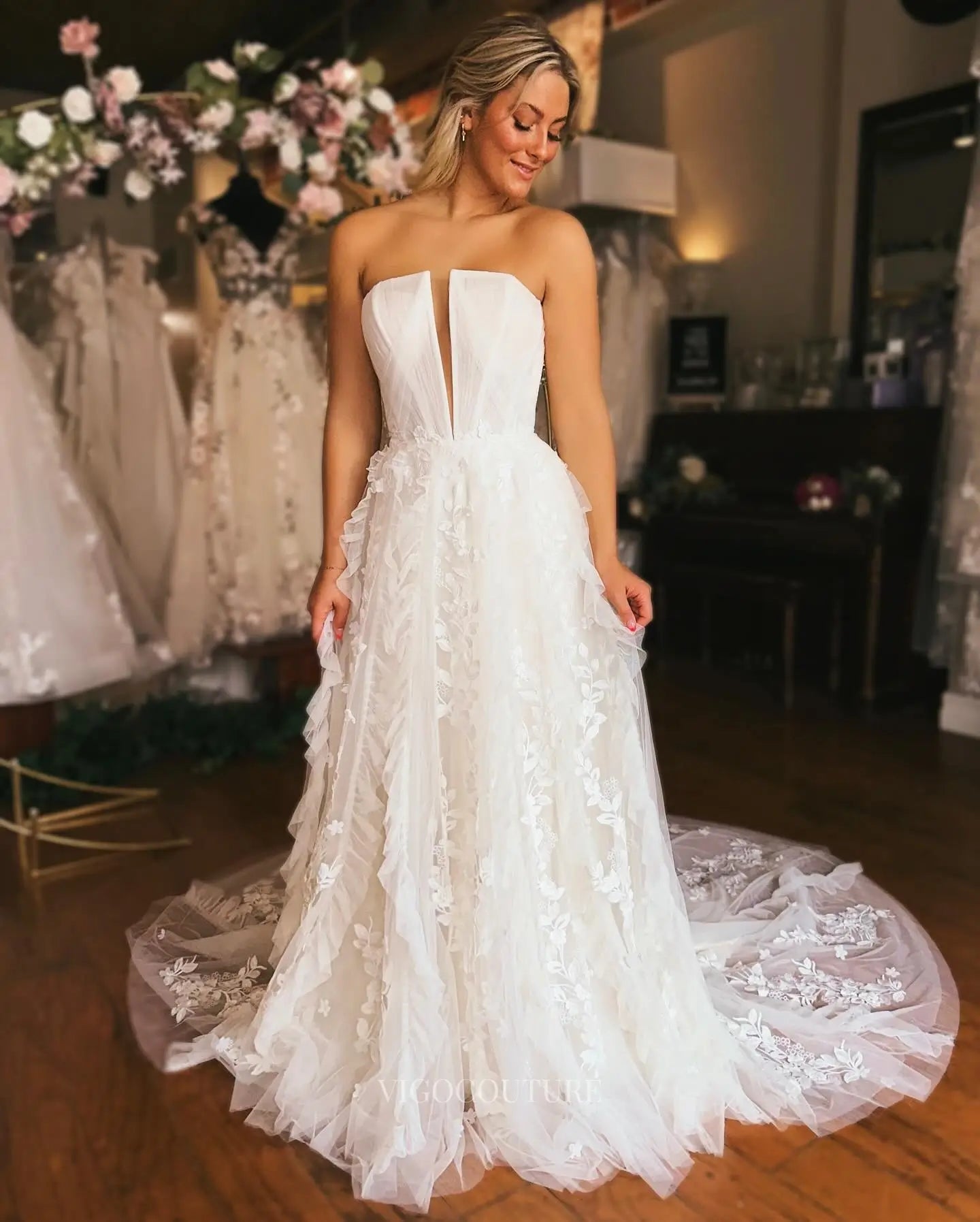 Ethereal 3D Floral A-Line Wedding Dress with Off-Shoulder Sleeves, Deep Plunge Bodice & Chapel Train – W2646