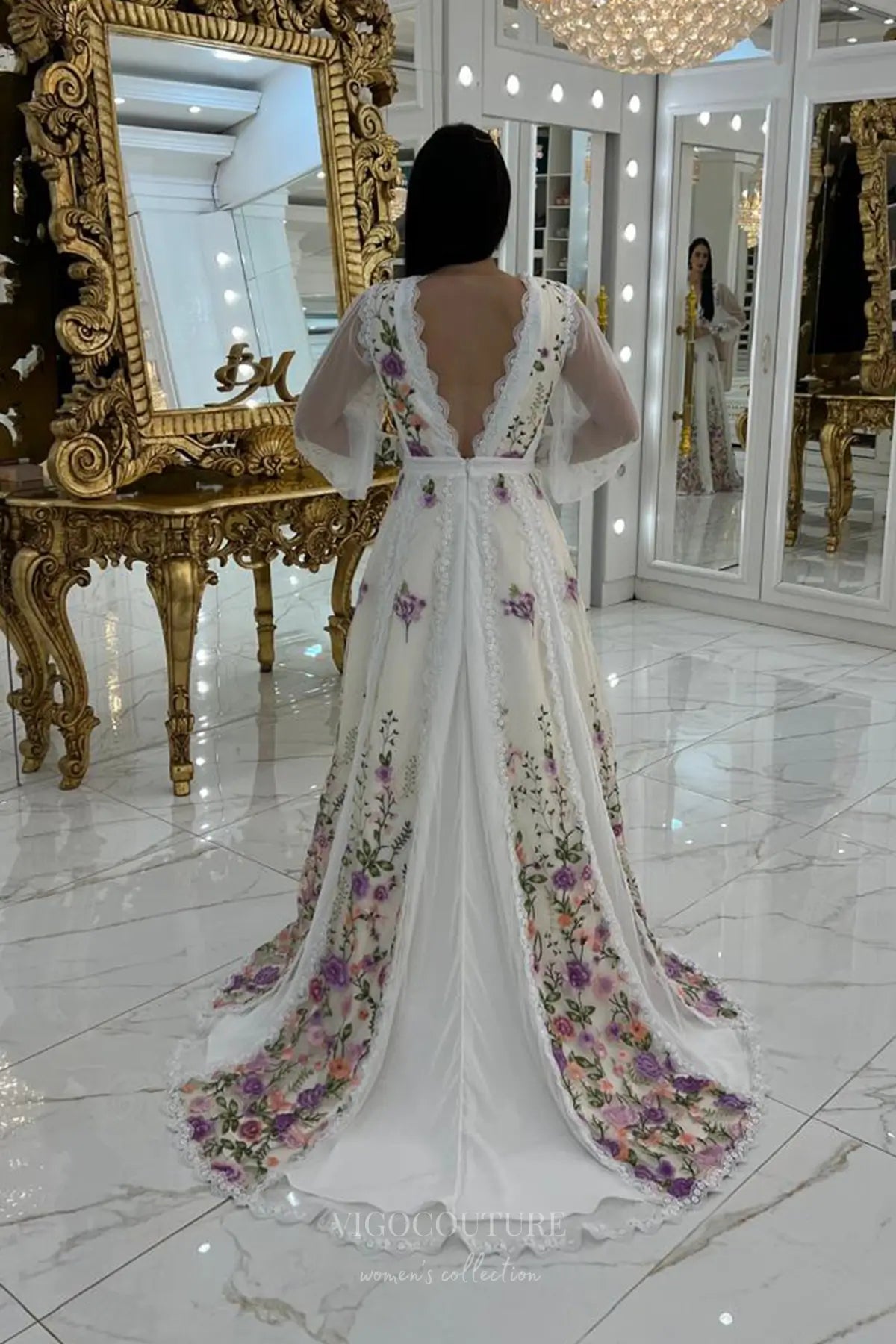 Wedding Dresses 2025 to impress Ethereal Floral Embroidered A-Line Wedding Dress with Sheer Long Sleeves, Deep V-Neck & Lace Trim – W2636-vigocouture-vigocouture