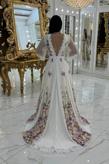 Wedding Dresses 2025 to impress Ethereal Floral Embroidered A-Line Wedding Dress with Sheer Long Sleeves, Deep V-Neck & Lace Trim – W2636-vigocouture-vigocouture
