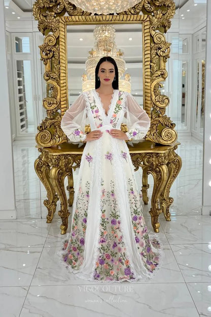 Wedding Dresses 2025 to impress Ethereal Floral Embroidered A-Line Wedding Dress with Sheer Long Sleeves, Deep V-Neck & Lace Trim – W2636-vigocouture-vigocouture