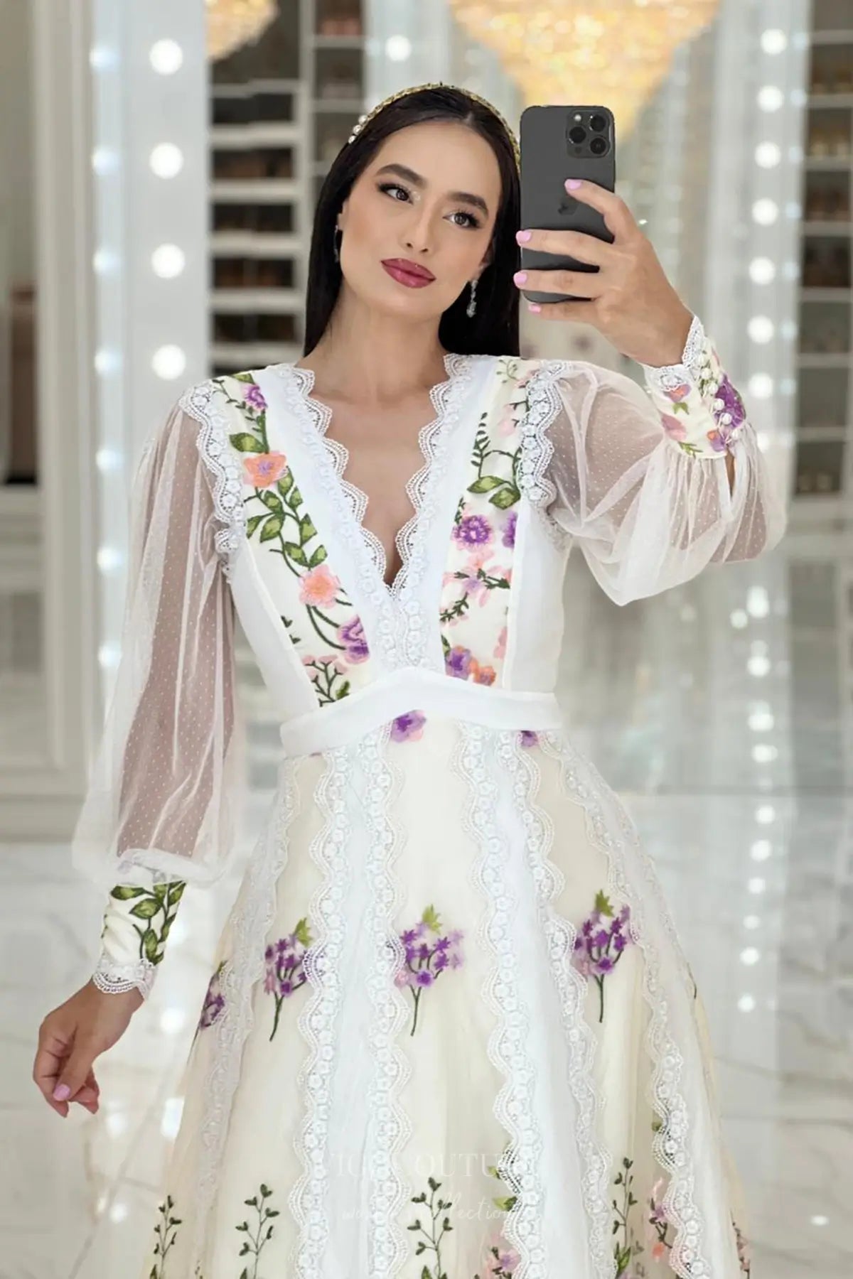 Wedding Dresses 2025 to impress Ethereal Floral Embroidered A-Line Wedding Dress with Sheer Long Sleeves, Deep V-Neck & Lace Trim – W2636-vigocouture-vigocouture