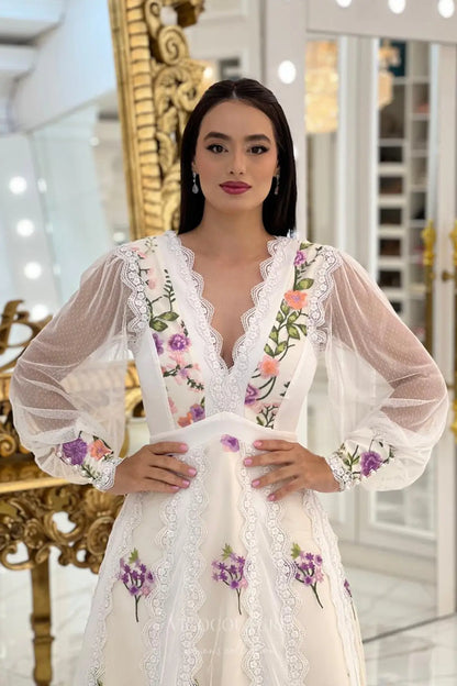 Wedding Dresses 2025 to impress Ethereal Floral Embroidered A-Line Wedding Dress with Sheer Long Sleeves, Deep V-Neck & Lace Trim – W2636-vigocouture-vigocouture