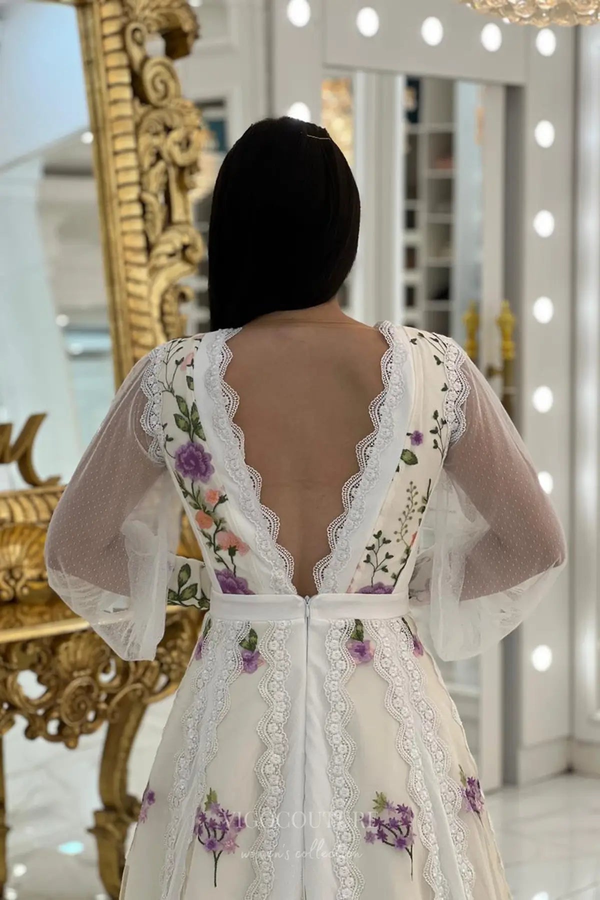 Wedding Dresses 2025 to impress Ethereal Floral Embroidered A-Line Wedding Dress with Sheer Long Sleeves, Deep V-Neck & Lace Trim – W2636-vigocouture-vigocouture