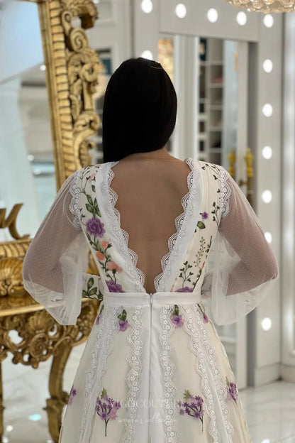 Wedding Dresses 2025 to impress Ethereal Floral Embroidered A-Line Wedding Dress with Sheer Long Sleeves, Deep V-Neck & Lace Trim – W2636-vigocouture-vigocouture