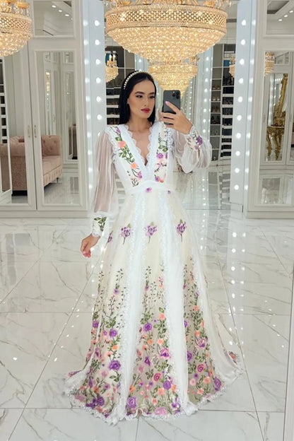 Ethereal Floral Embroidered A-Line Wedding Dress with Sheer Long Sleeves, Deep V-Neck & Lace Trim – W2636