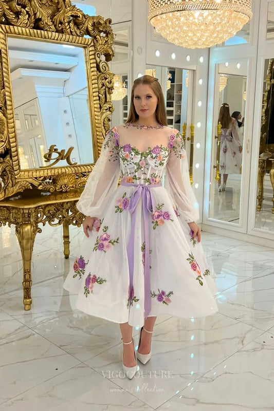 Ethereal Floral Embroidered Midi Wedding Dress with Illusion Neckline, Puff Sleeves & Lace-Up Back – W2625