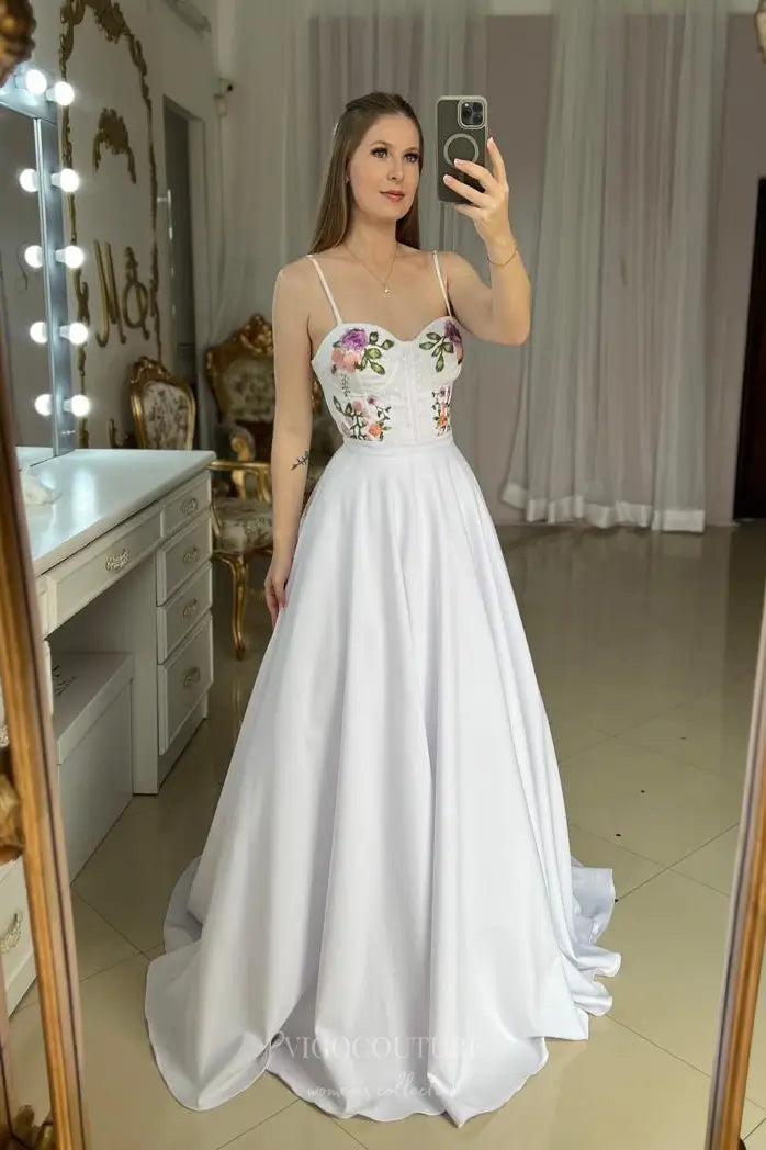 Wedding Dresses 2025 to impress Ethereal Floral Embroidered Wedding Dress with Sweetheart Corset Bodice, Bow-Tie Shoulder Straps & Flowing A-Line Skirt – W2635-vigocouture-vigocouture