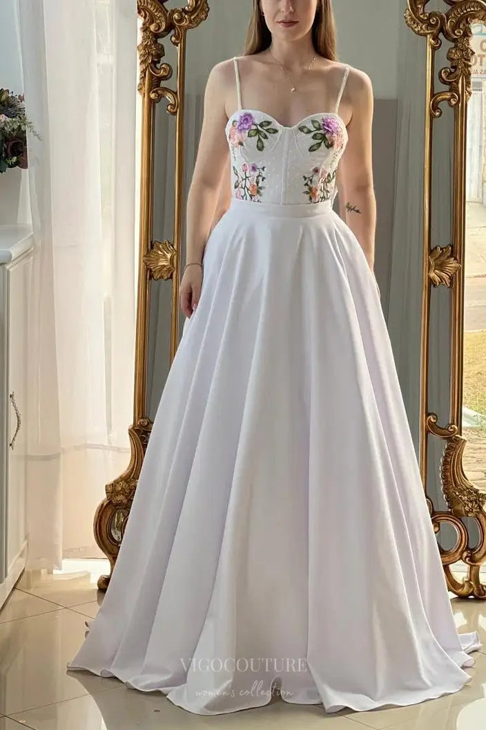 Ethereal Floral Embroidered A-Line Wedding Dress with Bow Straps – W2635 Custom Colors(Add Note in Cart) / US 12