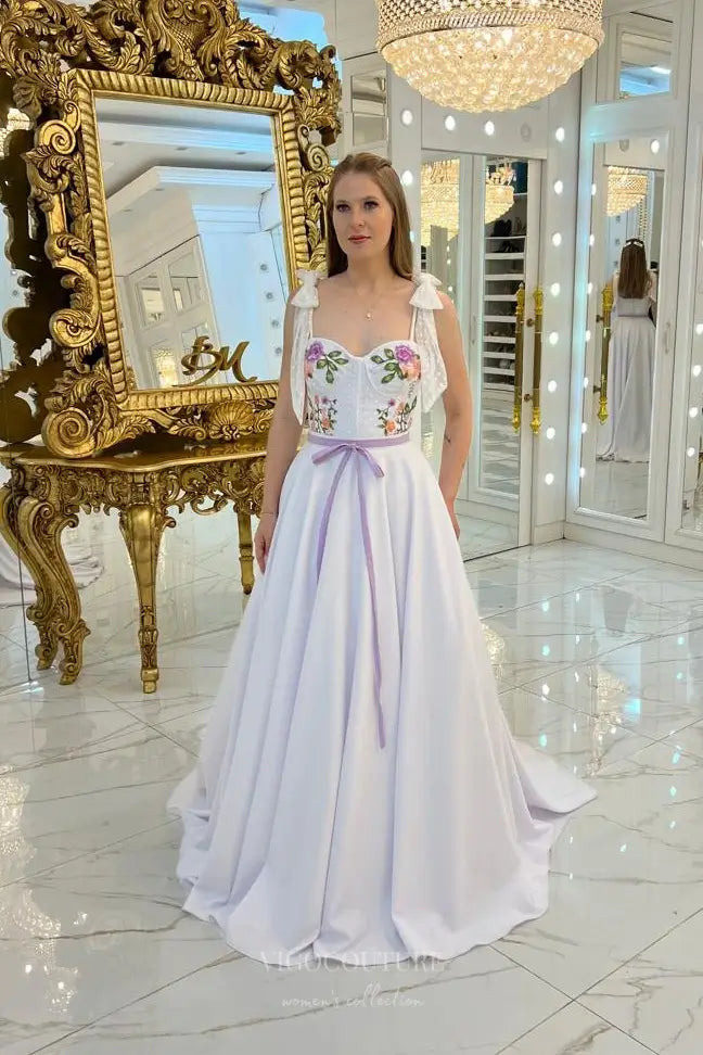 Ethereal Floral Embroidered Wedding Dress with Sweetheart Corset Bodice, Bow-Tie Shoulder Straps & Flowing A-Line Skirt – W2635