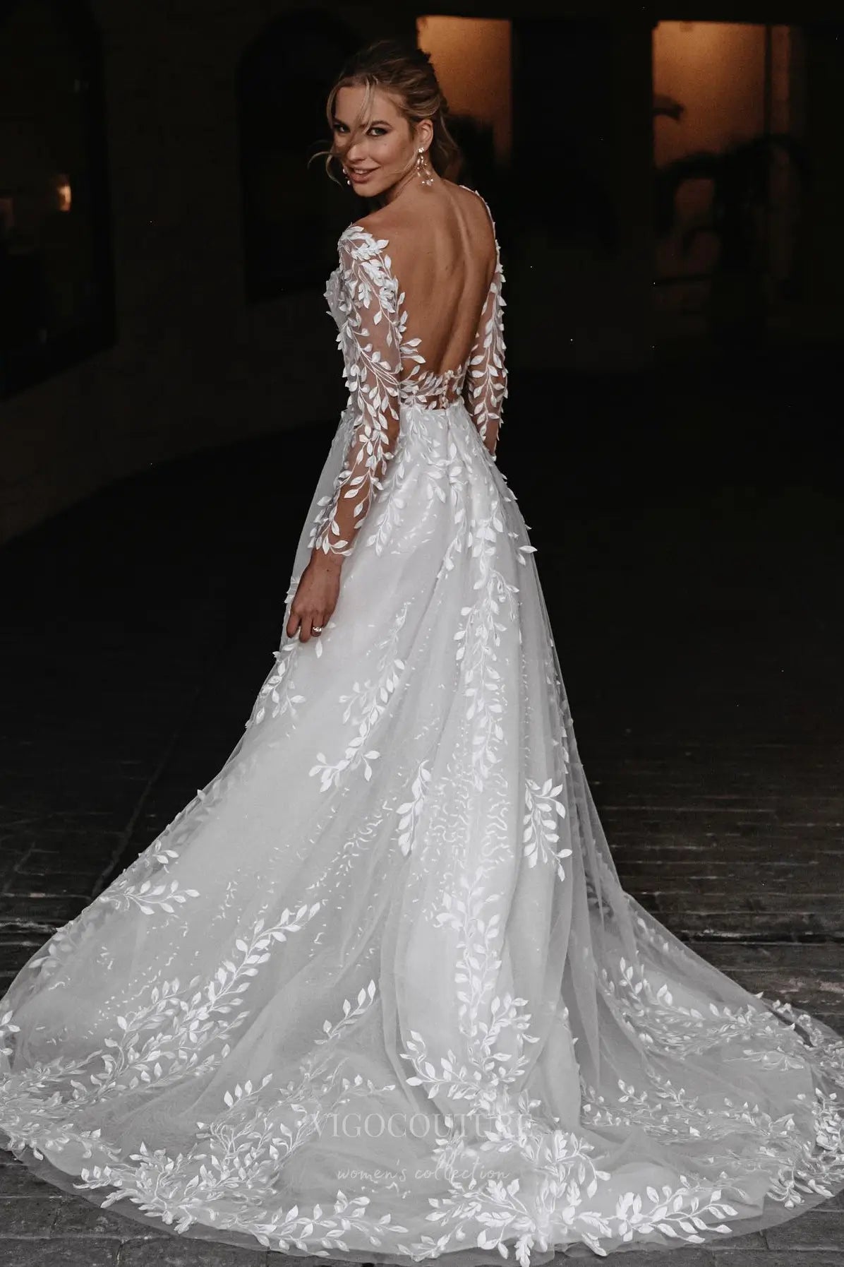 Wedding Dresses 2025 to impress Ethereal Ivory Lace Wedding Dress with Sheer Long Sleeves, Open Back & Leaf Appliqués – W2347-vigocouture-vigocouture