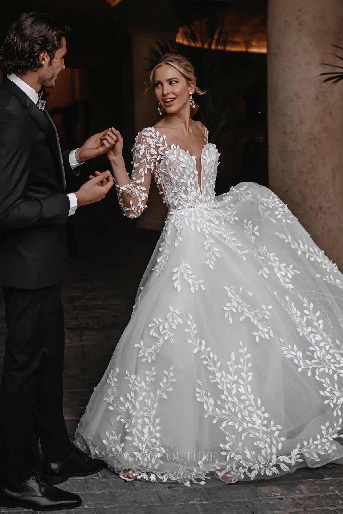 Wedding Dresses 2025 to impress Ethereal Ivory Lace Wedding Dress with Sheer Long Sleeves, Open Back & Leaf Appliqués – W2347-vigocouture-vigocouture