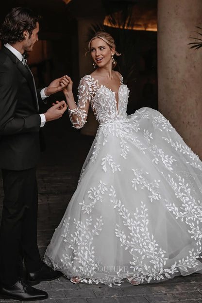 Wedding Dresses 2025 to impress Ethereal Ivory Lace Wedding Dress with Sheer Long Sleeves, Open Back & Leaf Appliqués – W2347-vigocouture-vigocouture