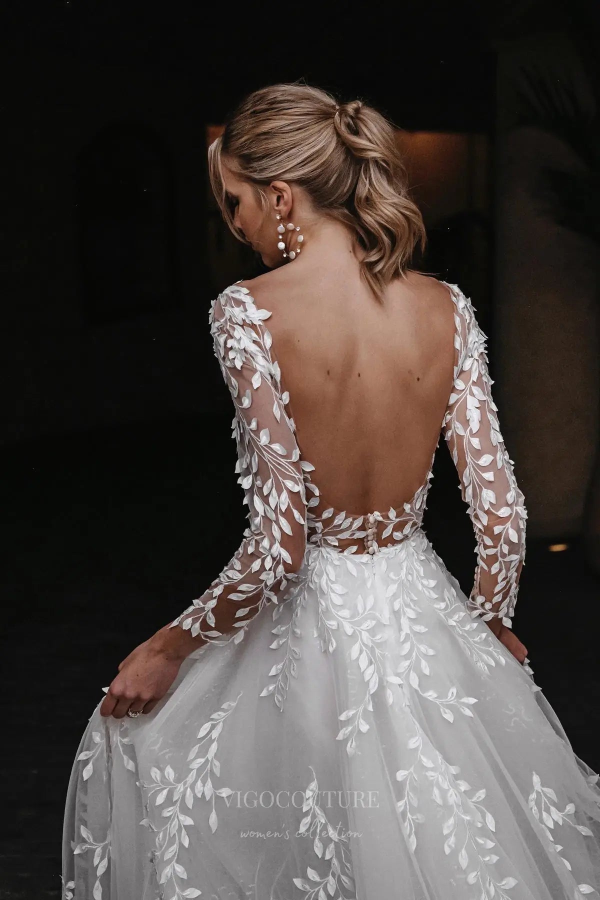 Wedding Dresses 2025 to impress Ethereal Ivory Lace Wedding Dress with Sheer Long Sleeves, Open Back & Leaf Appliqués – W2347-vigocouture-vigocouture