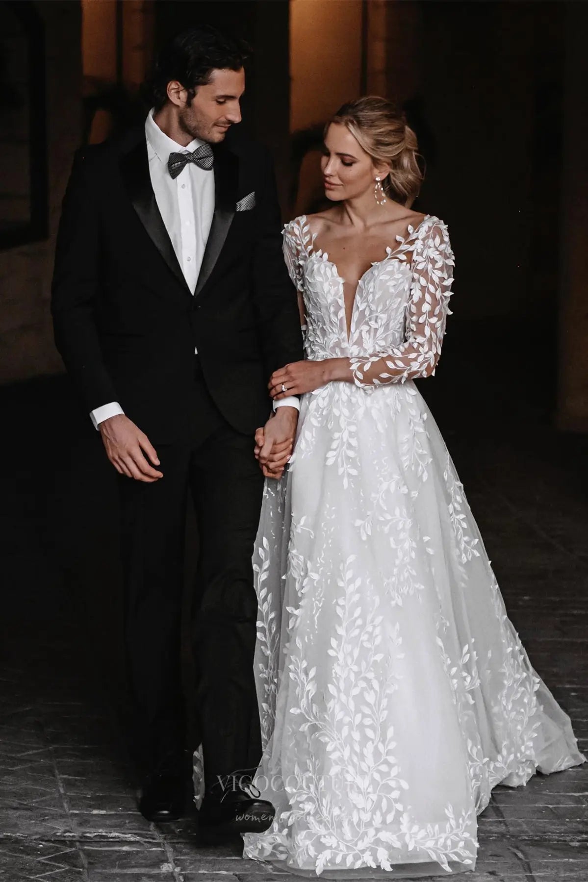 Ethereal Ivory Lace Wedding Dress with Sheer Long Sleeves, Open Back & Leaf Appliqués – W2347