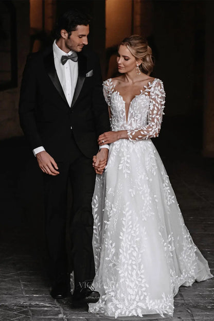 Ethereal Ivory Lace Wedding Dress with Sheer Long Sleeves, Open Back & Leaf Appliqués – W2347