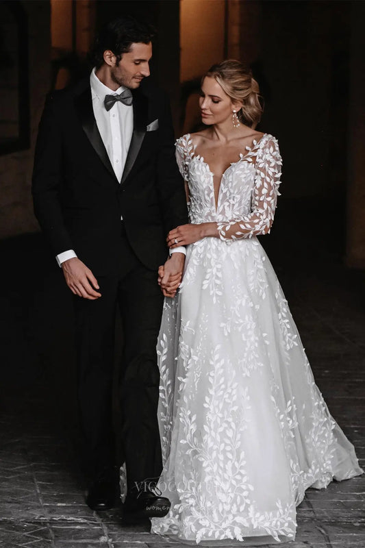 Ethereal Ivory Lace Wedding Dress with Sheer Long Sleeves, Open Back & Leaf Appliqués – W2347