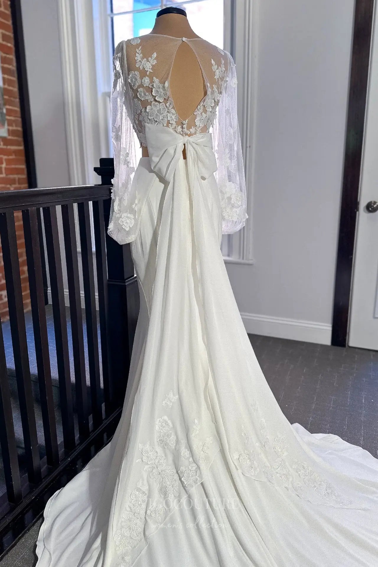Wedding Dresses 2025 to impress Ethereal Ivory Two-Piece Lace Wedding Dress with Sheer Sleeves, Keyhole Back & Satin Bow – VW2591-vigocouture-vigocouture