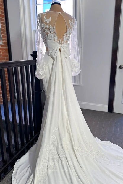 Wedding Dresses 2025 to impress Ethereal Ivory Two-Piece Lace Wedding Dress with Sheer Sleeves, Keyhole Back & Satin Bow – VW2591-vigocouture-vigocouture