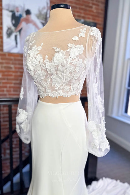Wedding Dresses 2025 to impress Ethereal Ivory Two-Piece Lace Wedding Dress with Sheer Sleeves, Keyhole Back & Satin Bow – VW2591-vigocouture-vigocouture