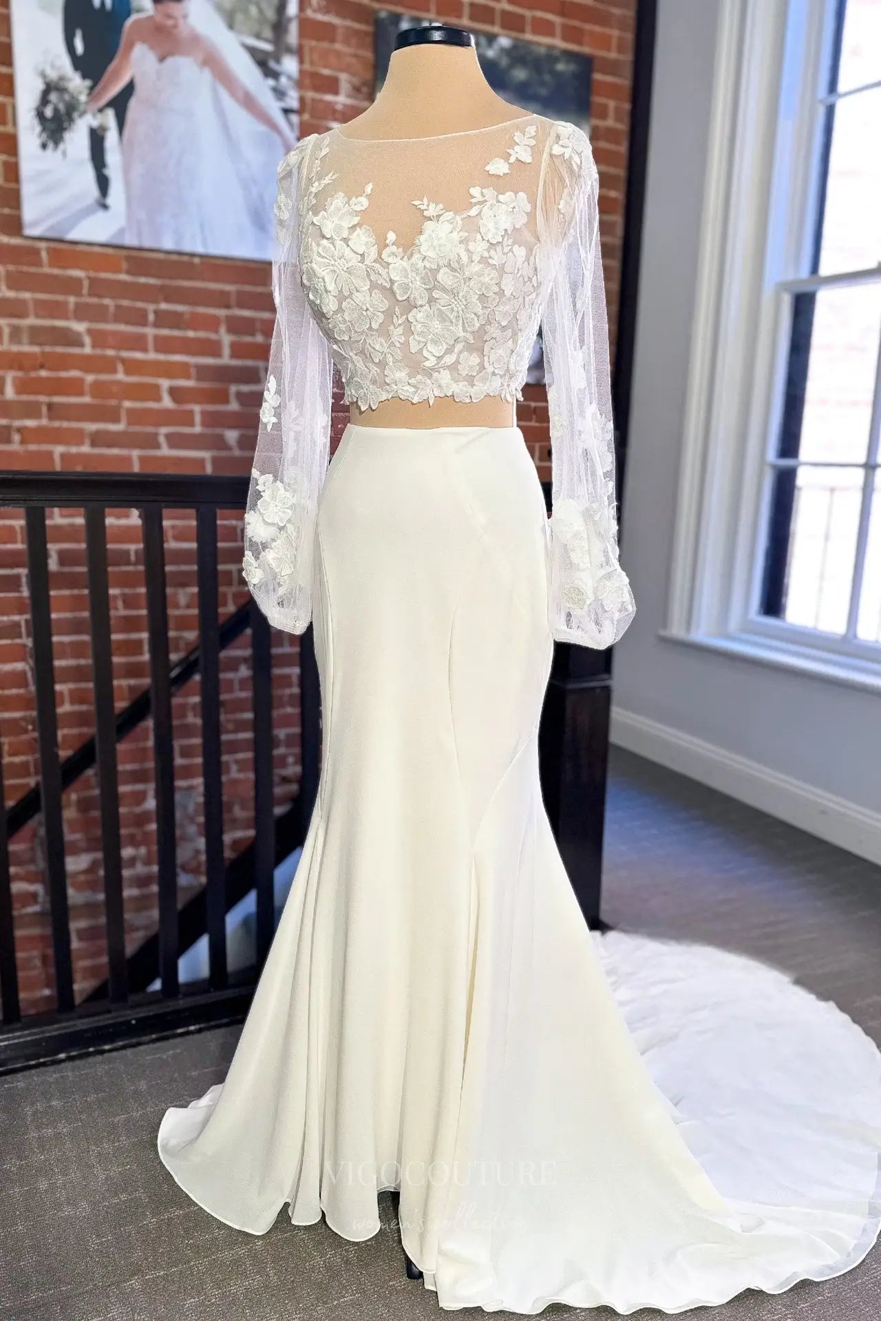 Ethereal Ivory Two-Piece Lace Wedding Dress with Sheer Sleeves, Keyhole Back & Satin Bow – VW2591