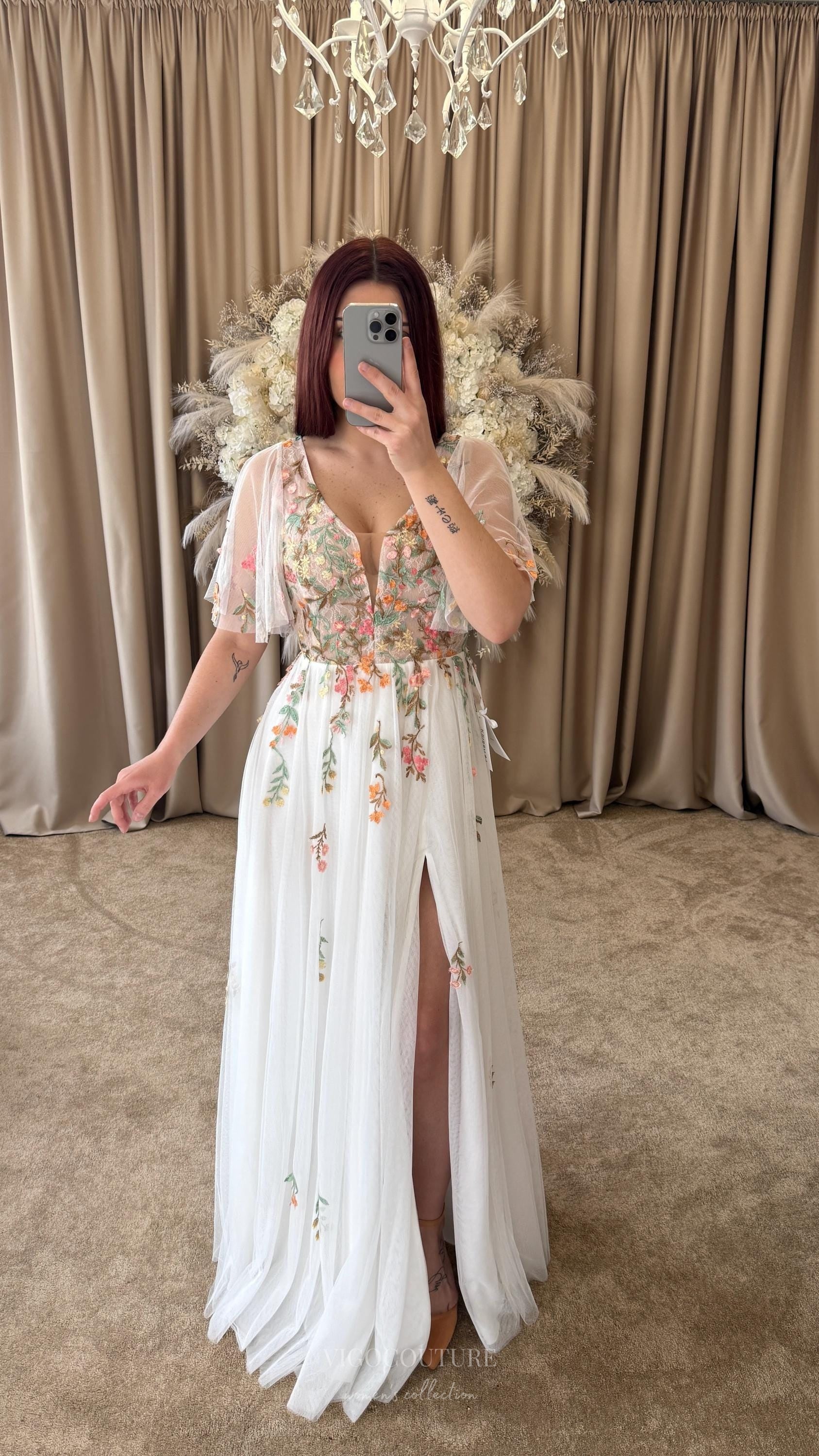 Wedding Dresses 2025 to impress Ethereal Ivory Wedding Dress with 3D Floral Appliqués, Flutter Sleeves, Illusion Bodice– W2375-vigocouture-vigocouture