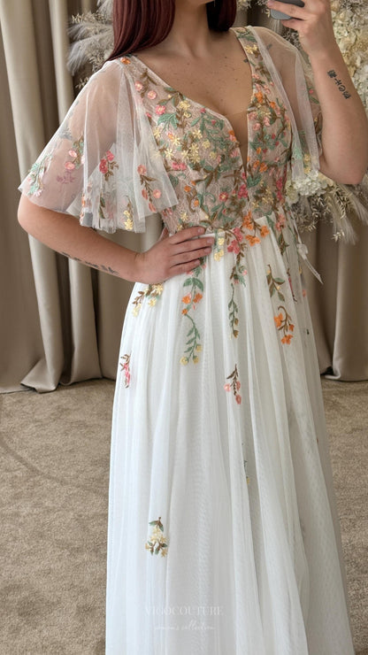 Wedding Dresses 2025 to impress Ethereal Ivory Wedding Dress with 3D Floral Appliqués, Flutter Sleeves, Illusion Bodice– W2375-vigocouture-vigocouture