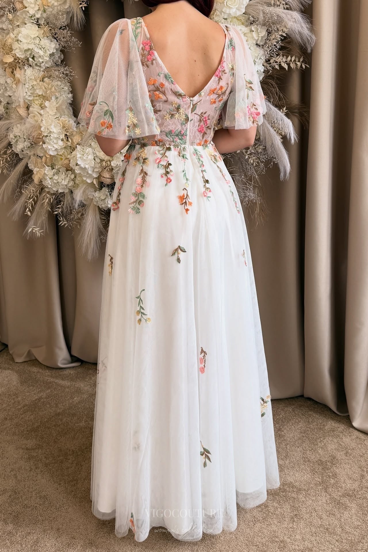 Ethereal Ivory Floral Wedding Dress with Flutter Sleeves – W2375 Custom Colors(Add Note in Cart) / US 2