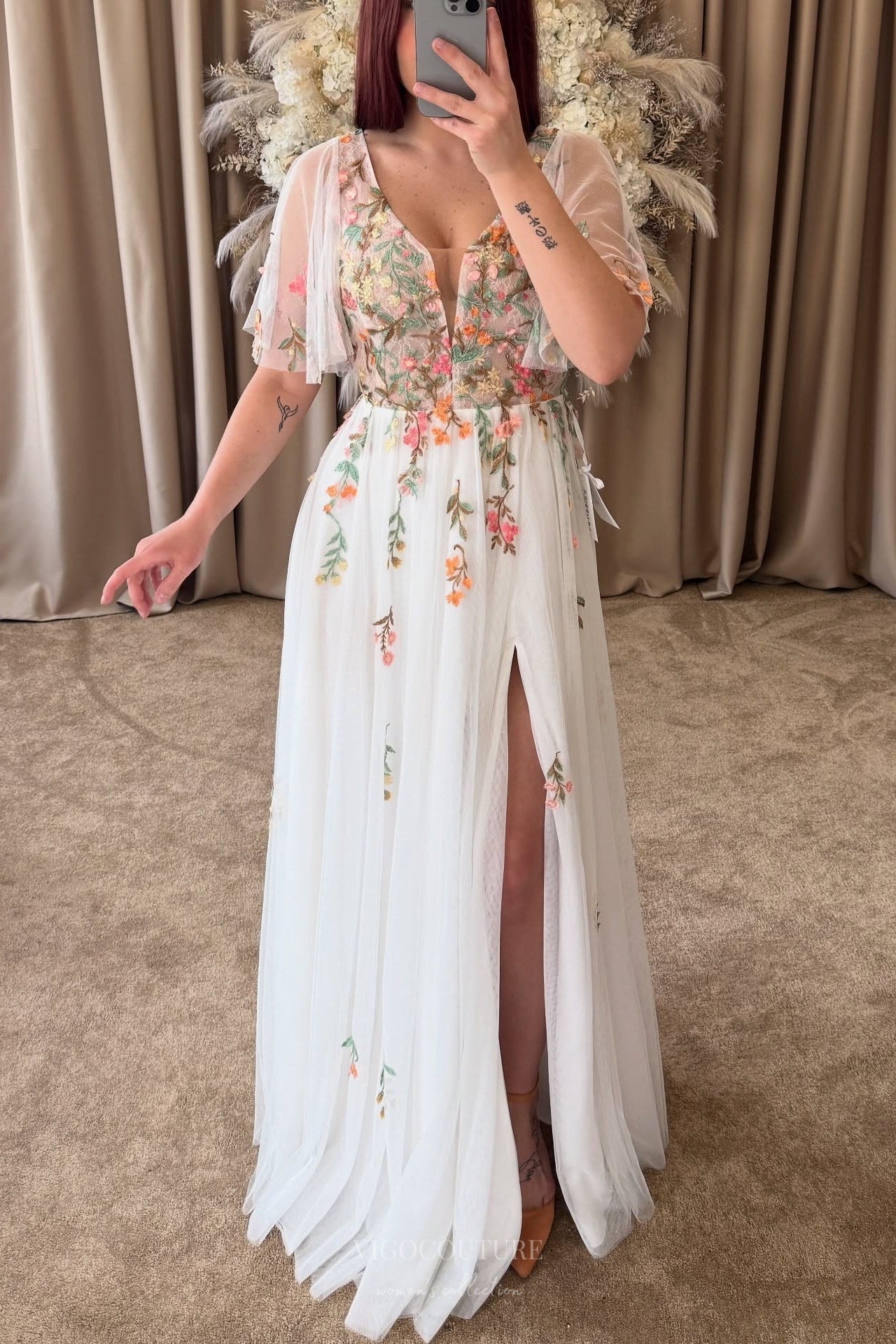 Ethereal Ivory Floral Wedding Dress with Flutter Sleeves – W2375 – vigocouture