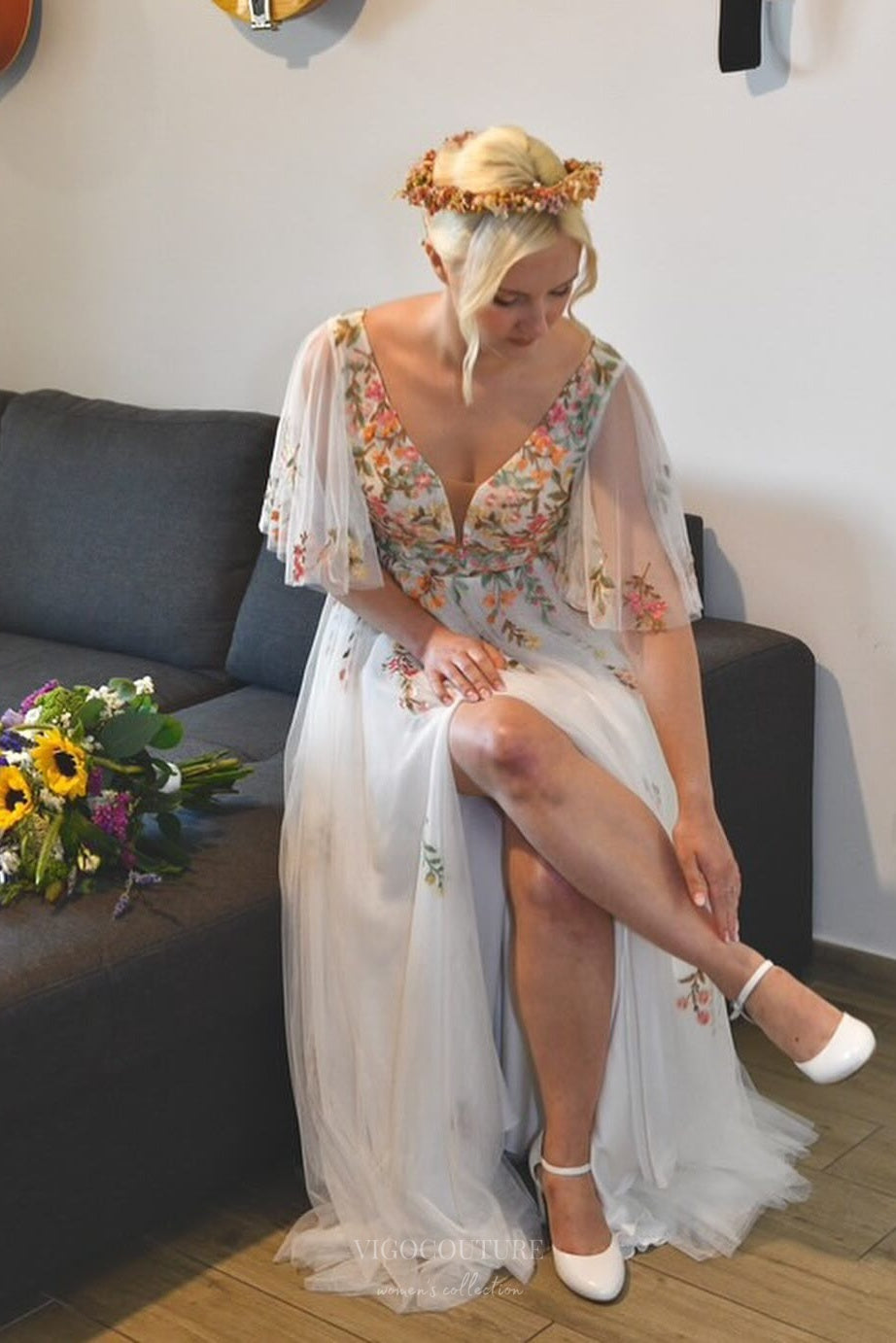 Ethereal Ivory Floral Wedding Dress with Flutter Sleeves – W2375 Custom Colors / US2