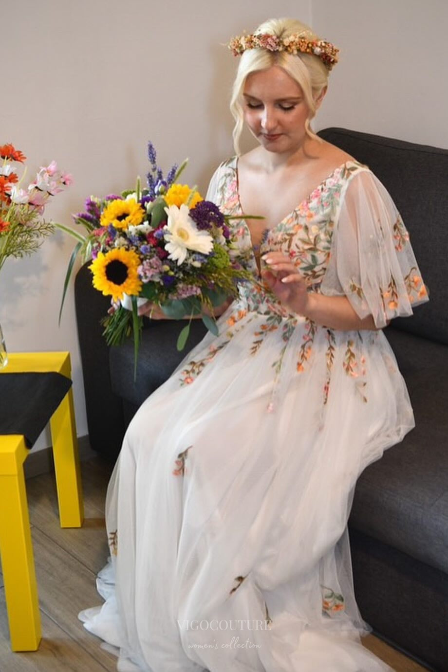 Ethereal Ivory Floral Wedding Dress with Flutter Sleeves – W2375 Custom Colors / US2