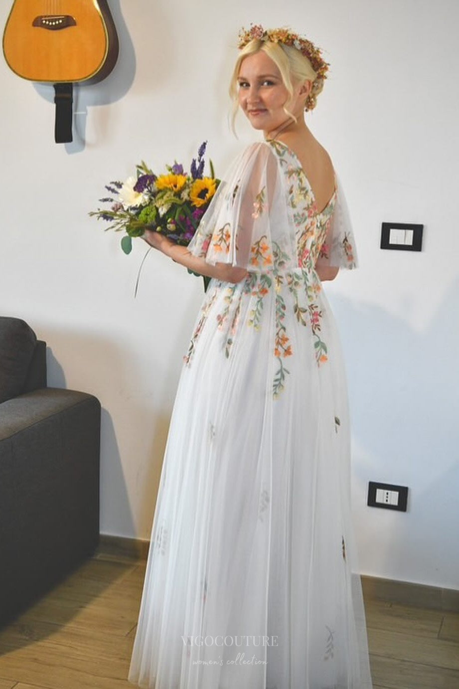 Ethereal Ivory Floral Wedding Dress with Flutter Sleeves W2375 Custom Colors / US2 Ethereal Ivory Floral Wedding Dress with Flutter Sleeves W2375 Custom Colors / US2
