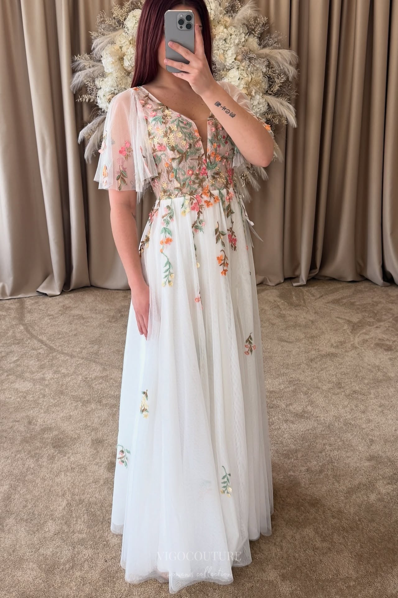 Ethereal Ivory Wedding Dress with 3D Floral Appliqués, Flutter Sleeves, Illusion Bodice & Flowing Tulle Skirt – W2375