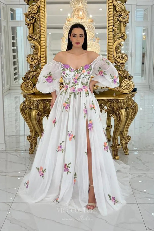 Ethereal Off-Shoulder Floral Embroidered A-Line Wedding Dress with Puff Sleeves, Corset Back & Slit – W2627