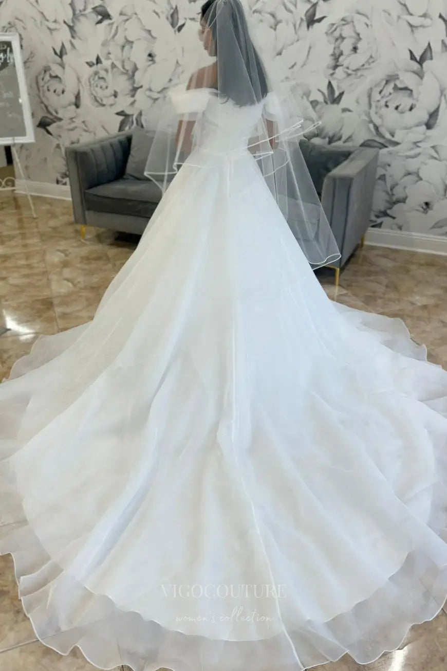 Wedding Dresses 2025 to impress Ethereal Off-the-Shoulder Ball Gown Wedding Dress with Draped Bodice, Puff Sleeves & Layered Tulle Skirt – W2608-vigocouture-vigocouture