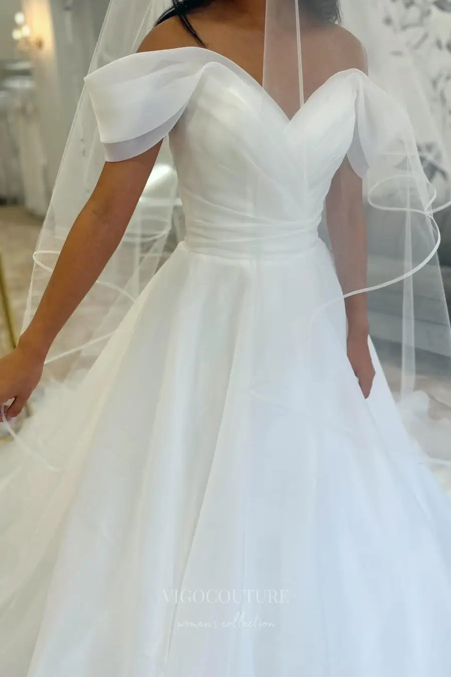 Wedding Dresses 2025 to impress Ethereal Off-the-Shoulder Ball Gown Wedding Dress with Draped Bodice, Puff Sleeves & Layered Tulle Skirt – W2608-vigocouture-vigocouture