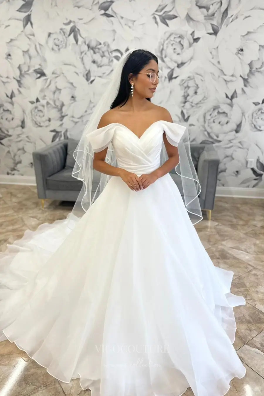 Ethereal Off-the-Shoulder Ball Gown Wedding Dress with Draped Bodice, Puff Sleeves & Layered Tulle Skirt – W2608
