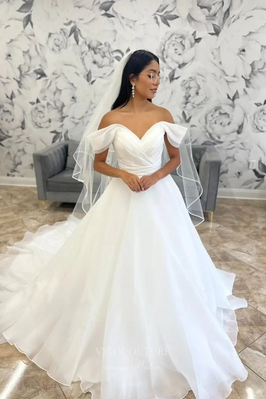 Ethereal Off-the-Shoulder Ball Gown Wedding Dress with Draped Bodice, Puff Sleeves & Layered Tulle Skirt – W2608