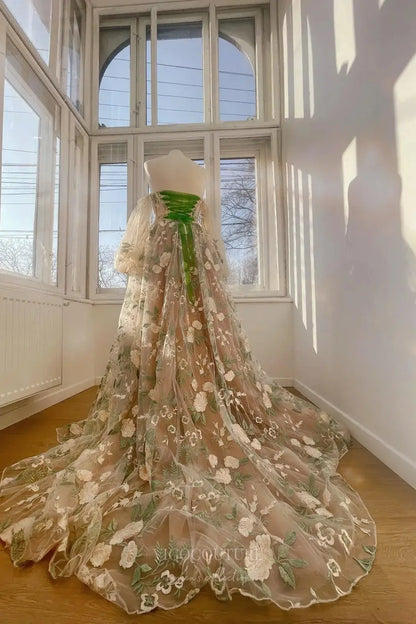 Wedding Dresses 2025 to impress Floral Embroidered Wedding Dress with Pearl-Embellished Corset, Tulle Sleeves, and Chapel Train – W2232-vigocouture-vigocouture