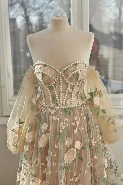 Wedding Dresses 2025 to impress Floral Embroidered Wedding Dress with Pearl-Embellished Corset, Tulle Sleeves, and Chapel Train – W2232-vigocouture-vigocouture